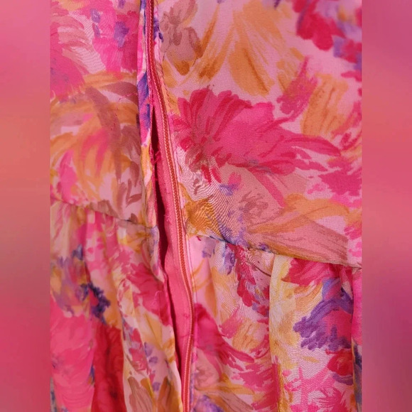 Vintage Pink Floral Chiffon Dress  Long Sleeves Long Small 70s Mrs, Roper - Picture 6 of 12